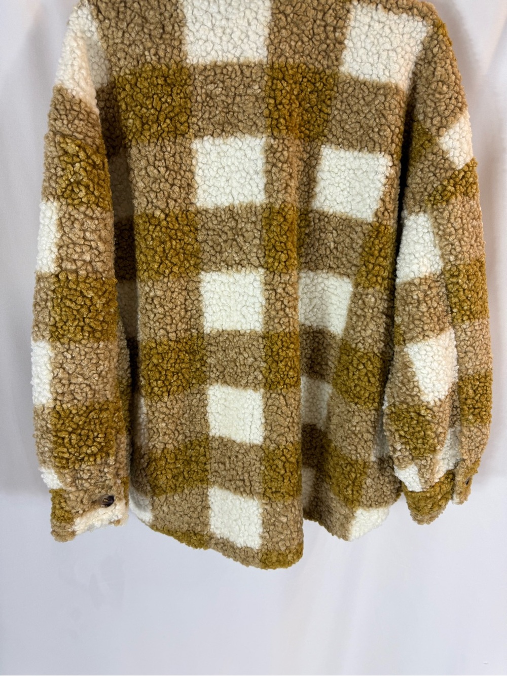 Shop Stevie Plaid Teddy Shacket in white & Tan size: S - Picture 13 of 14